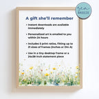 Framed print with floral design and text about product features on a white background