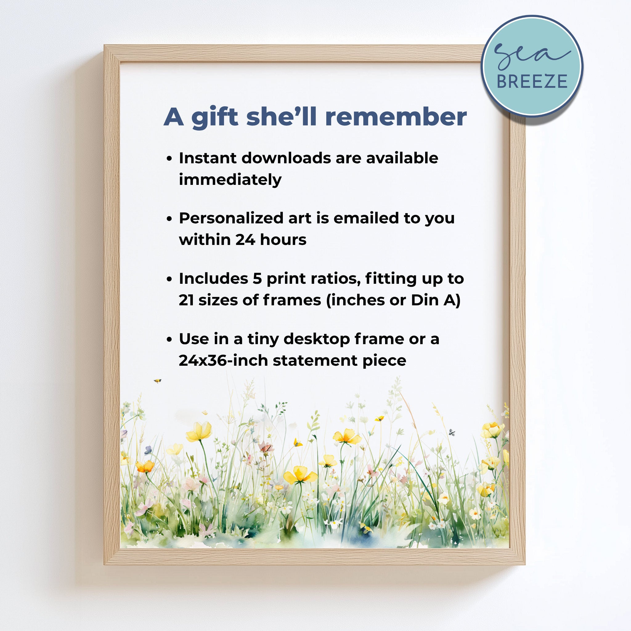 Framed print with floral design and text about product features on a white background
