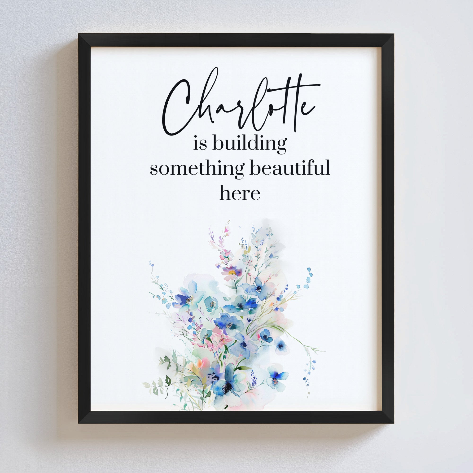 Framed print with floral design and text on a white background