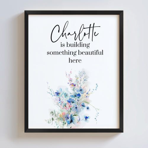 Framed print with floral design and text on a white background