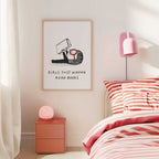 Modern bedroom with pink bedside table, lamp, and bed with striped bedding. Wall art with text on the wall 'Girls Just Wanna Read Books'