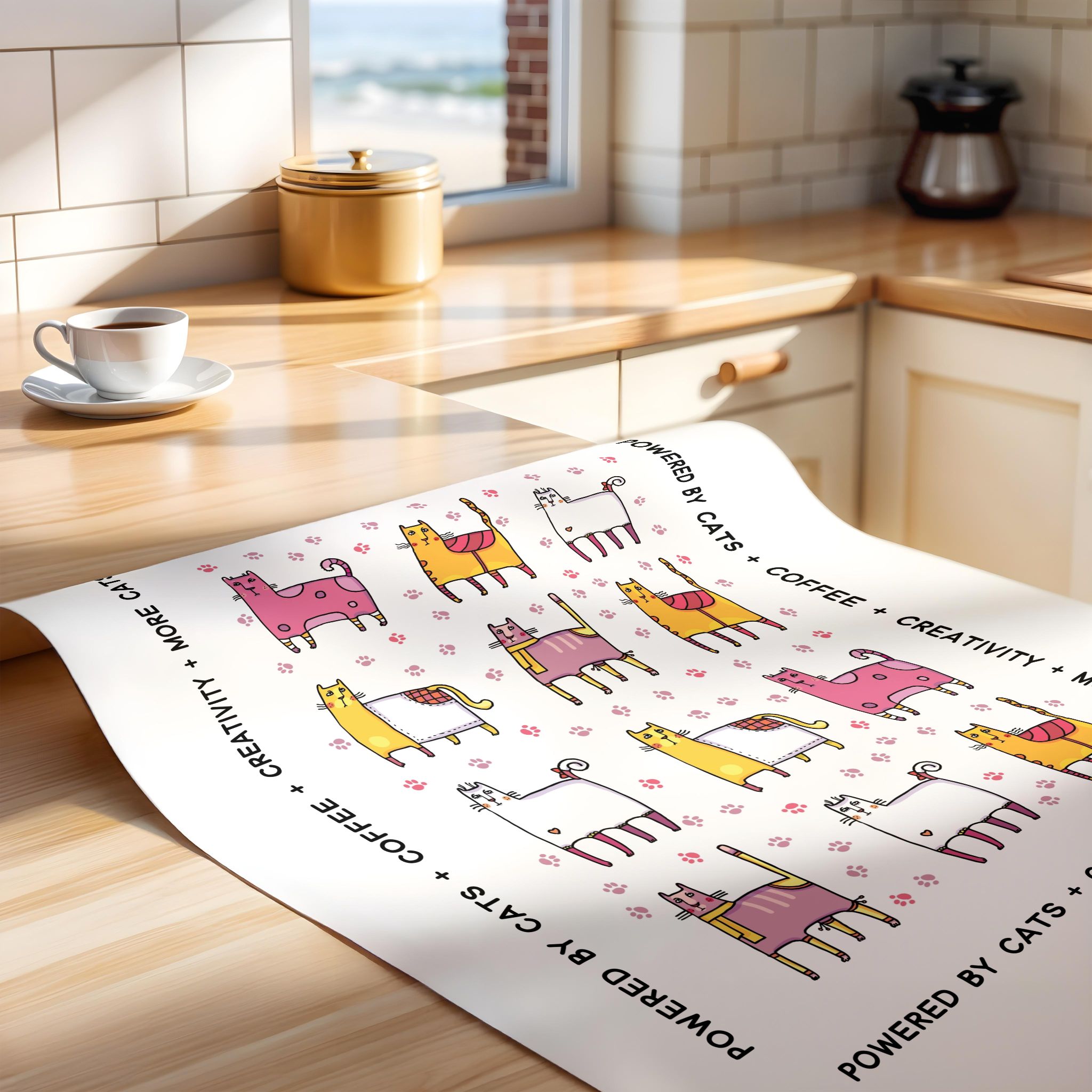 Unrolled poster with whimsical cat-themed design on a kitchen counter