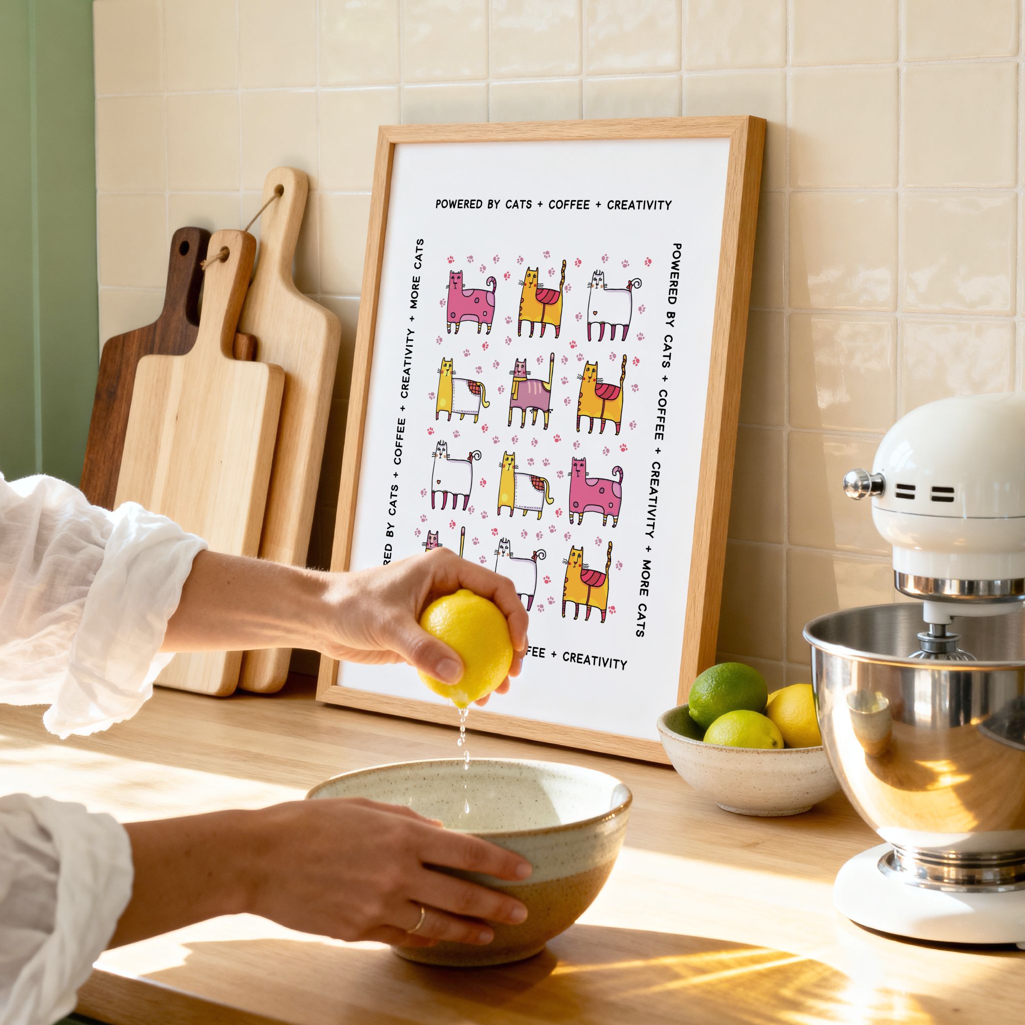 Person squeezing a lemon over a bowl on a kitchen counter with a framed cat print and mixer in the background.