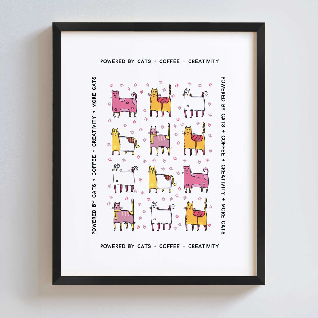Framed poster with colorful cat illustrations and text on a white background