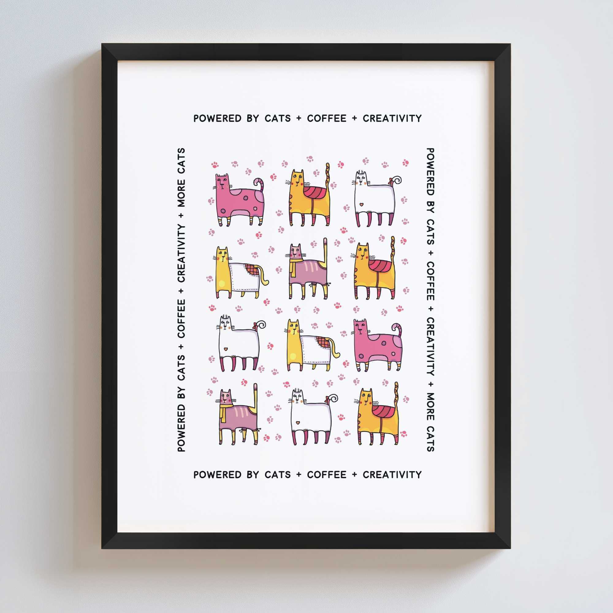 Framed poster with colorful cat illustrations and text on a white background