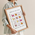 Person holding a framed print with colorful cat illustrations and text 'Powered by cats + coffee + creativity'