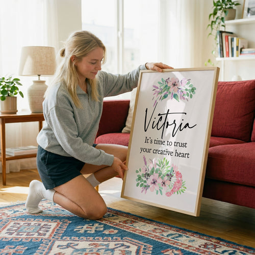 Woman holding a framed decorative sign with floral designs and text in a living room.