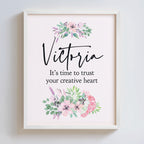 Personalized wall art with an inspirational message and watercolor flowers
