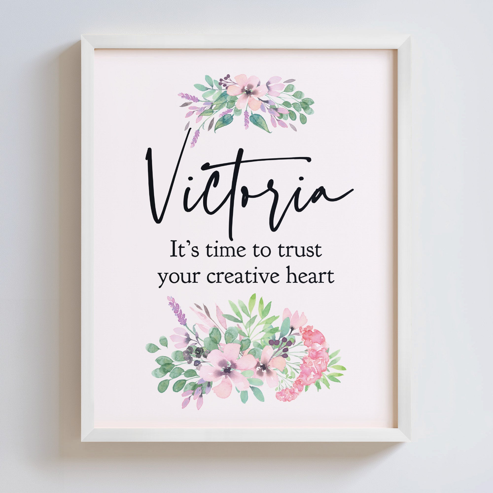 Personalized wall art with an inspirational message and watercolor flowers