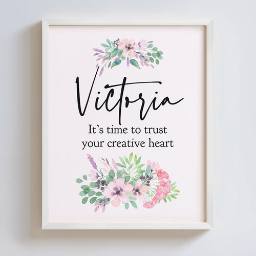 Personalized wall art with an inspirational message and watercolor flowers