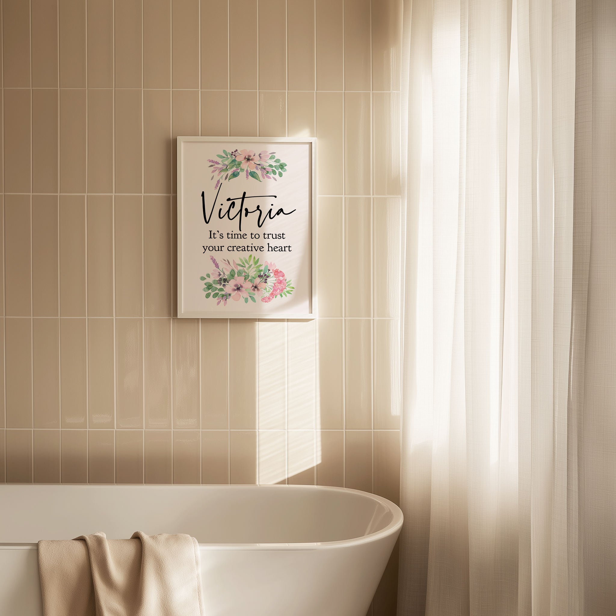 Bathroom with a framed motivational poster on the wall