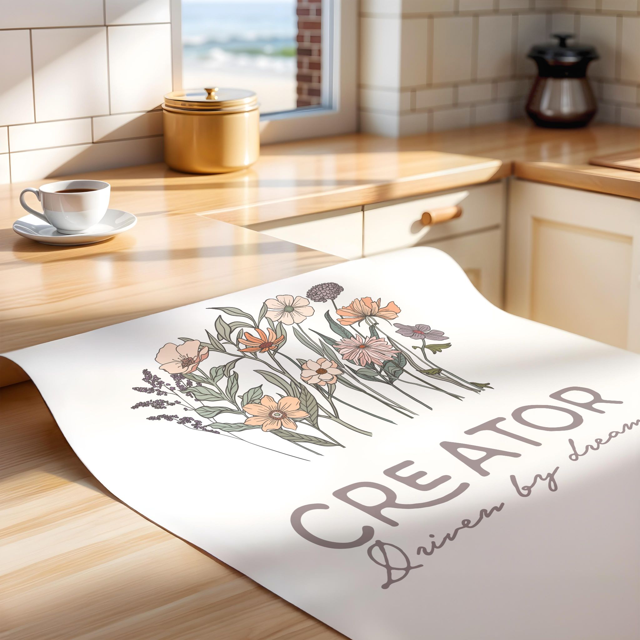 Unframed poster with floral design and text "Creator Driven by dreams" on a kitchen counter