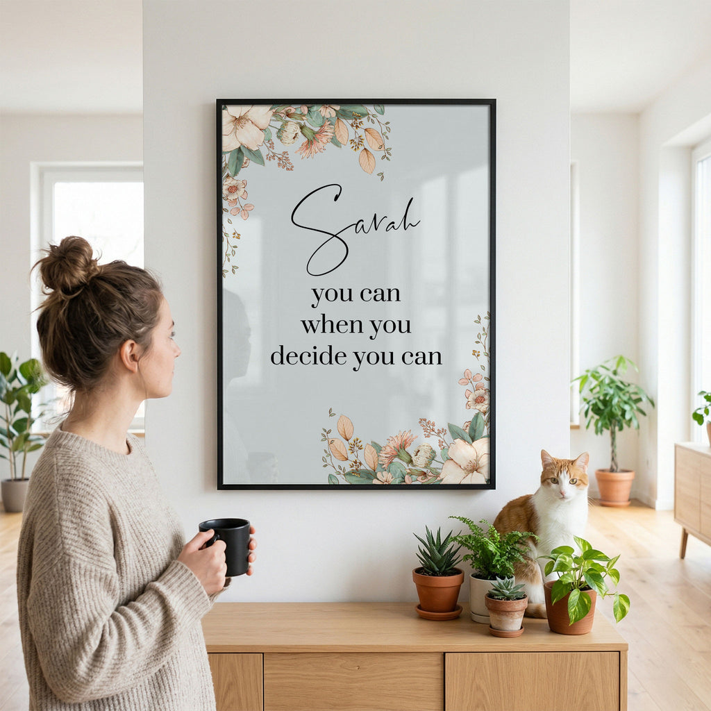 Large format custom botanical name print. Young woman with coffee admires it.
