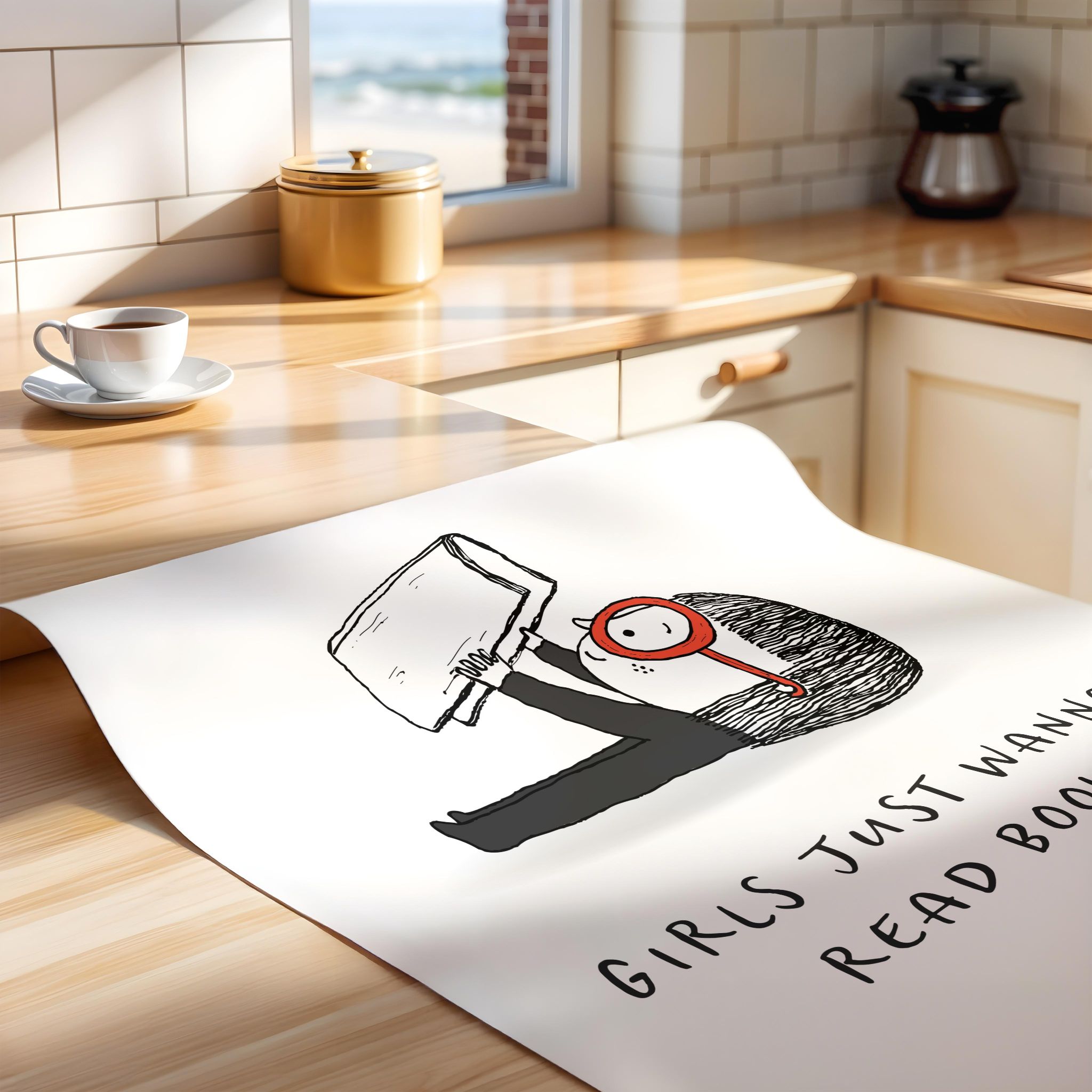 Kitchen counter with a printed poster featuring a cartoon character and text, next to a cup and saucer.