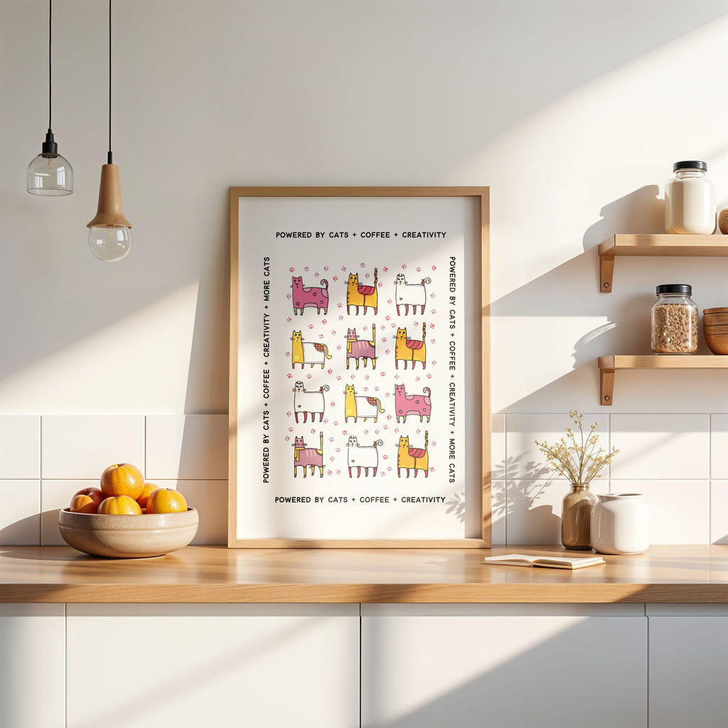 Framed artwork with cartoon cats on a kitchen counter