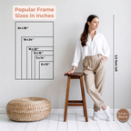 Graphic showing 6 popular print sizes next to a photo of a woman who is 5.5 feet tall