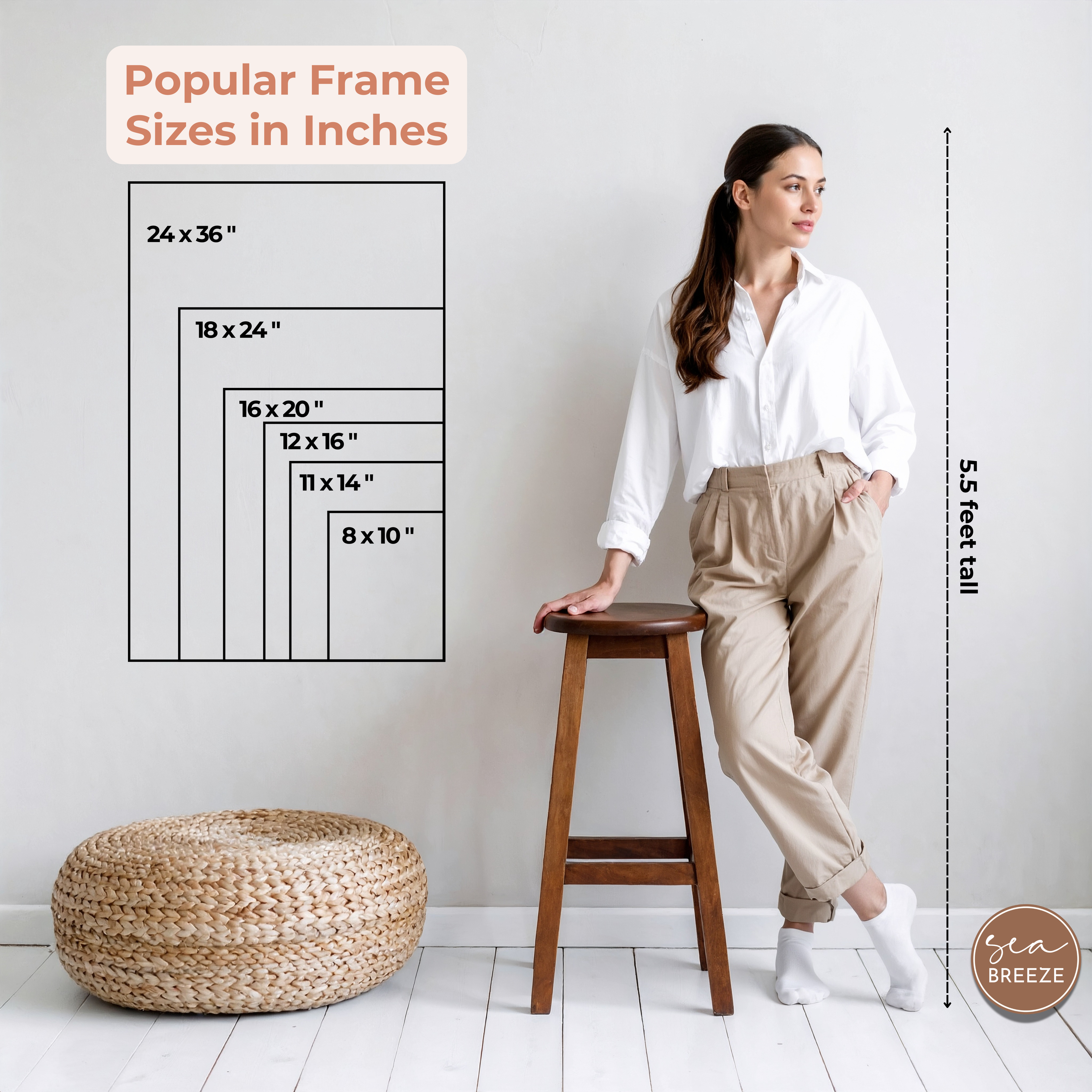 Graphic showing 6 popular print sizes next to a photo of a woman who is 5.5 feet tall