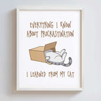 Framed print with a cat illustration and humorous text on a white background