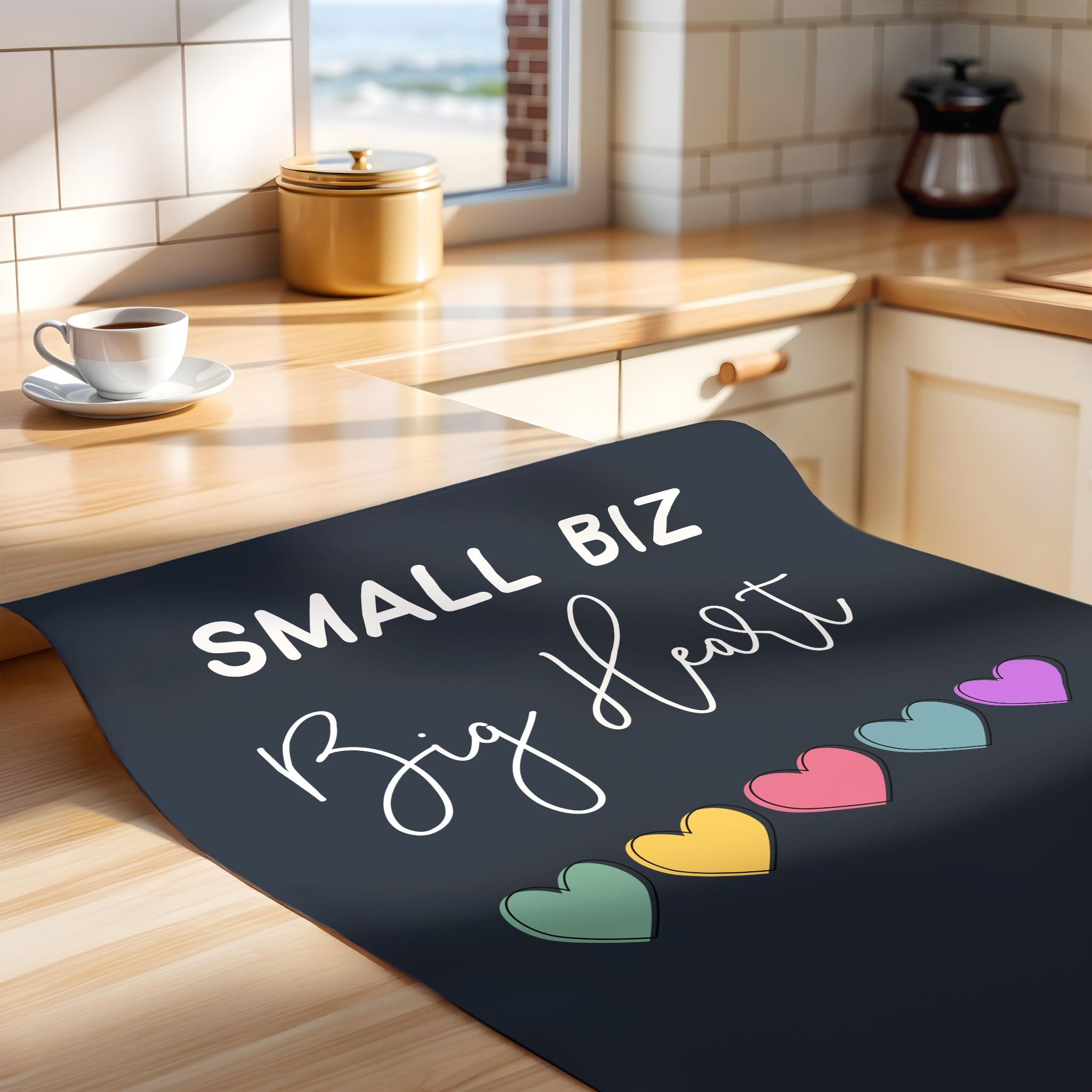Unframed poster with 'Small Biz Big Heart' text and colorful hearts on a wooden kitchen countertop.
