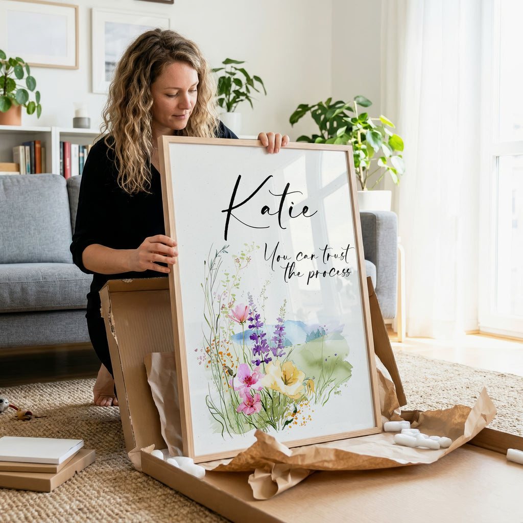 Woman holding a framed print with floral design and text in a home setting